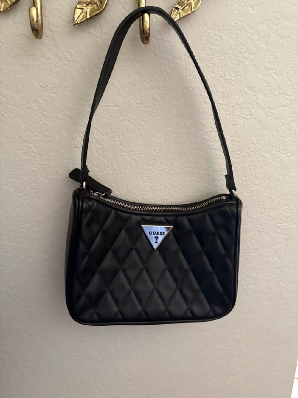 GUESS Black Quilted Shoulder Bag with Triangle Logo